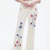 Womens Embroidered Corduroy Pants Casual Winter Straight Leg Elastic Waist Vintage Trousers with Pockets