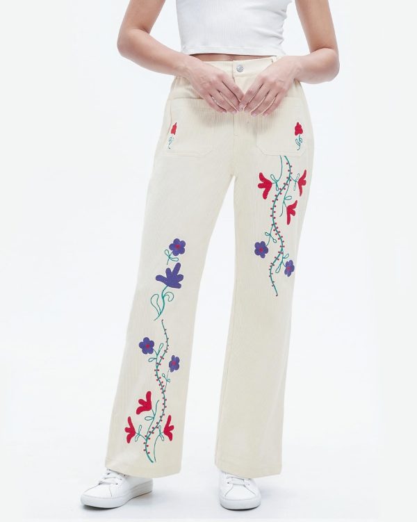 Womens Embroidered Corduroy Pants Casual Winter Straight Leg Elastic Waist Vintage Trousers with Pockets