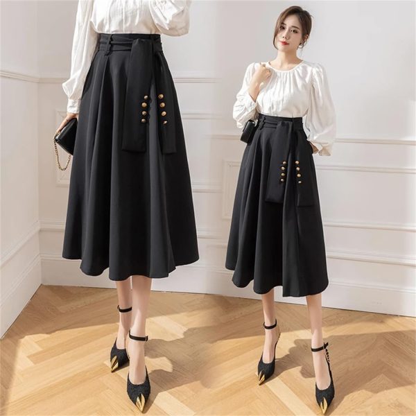 Women Vintage Elegant Big Swing Maxi Skirt High Waist Bandage Belt Cute Umbrella A-Line Long Skirts