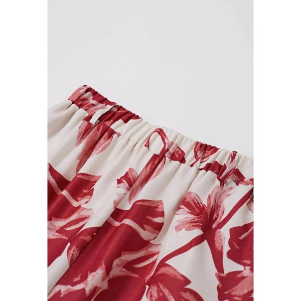 Women Wide Leg Pants Floral Printed High Elastic Waist Belted Summer Casual Long Trousers with Pockets Red