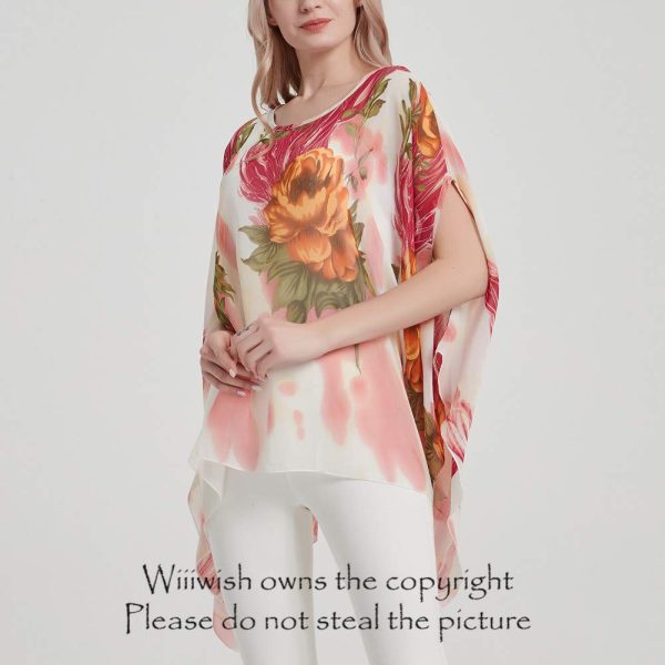 Women's Floral Chiffon Blouse Batwing Summer Hippie Sheer Loose Caftan Poncho Tunic Shirt Tops