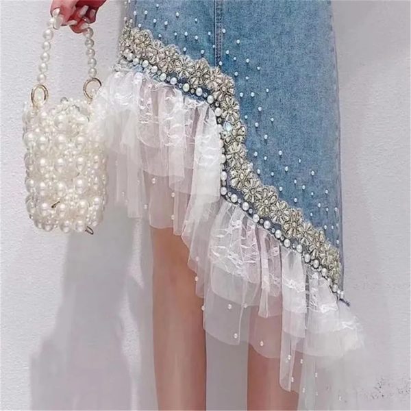 Heavy Industry Pearl Beading Lace Splicing Irregular Hem Jean Skirt Women Summer Korea Denim Skirt