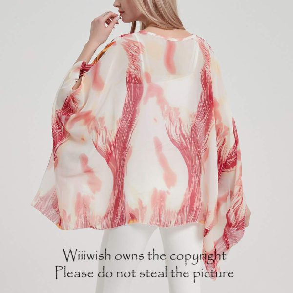 Women's Floral Chiffon Blouse Batwing Summer Hippie Sheer Loose Caftan Poncho Tunic Shirt Tops