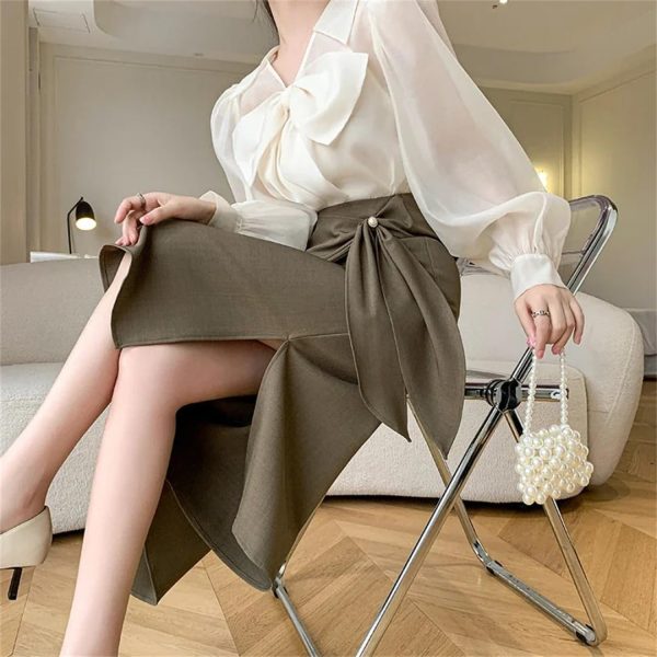 Women's Mid Length Skirts Vintage High Waist Buttons Decoration A-Line Long Skirts