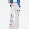 Womens Embroidered Corduroy Pants Casual Winter Straight Leg Elastic Waist Vintage Trousers with Pockets