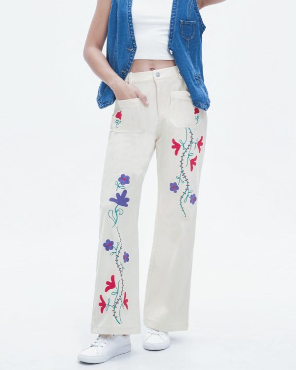 Womens Embroidered Corduroy Pants Casual Winter Straight Leg Elastic Waist Vintage Trousers with Pockets