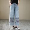 Fashion Spring Summer Ladies Ripped Loose Jeans Women Casual Embroidery Elastic Wide-Leg Denim Trousers