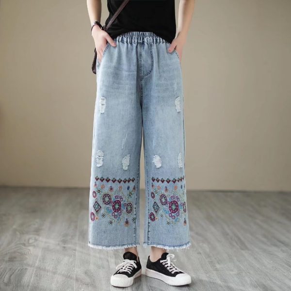 Fashion Spring Summer Ladies Ripped Loose Jeans Women Casual Embroidery Elastic Wide-Leg Denim Trousers