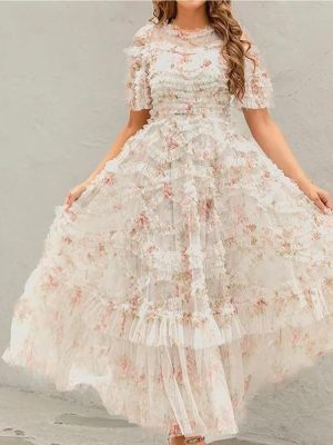 Women's Floral Printed Mesh Dress Round Neck High Waist Layer Tiered Maxi Beach Party Dresses