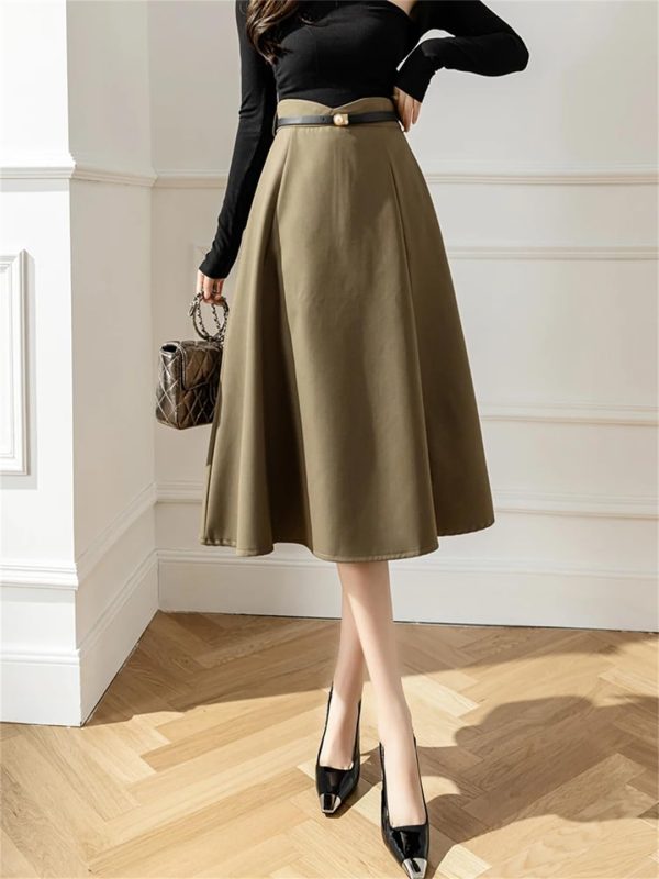 Women's High Waist A-Line Skirt with Belt Office Work OL Big Swing Midi Skirts