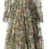 Women's Floral Patchwork Dress Round Neck Sheer Long Sleeve Mesh Layered Boho Chic Maxi Dress