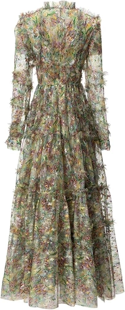 Women's Floral Patchwork Dress Round Neck Sheer Long Sleeve Mesh Layered Boho Chic Maxi Dress