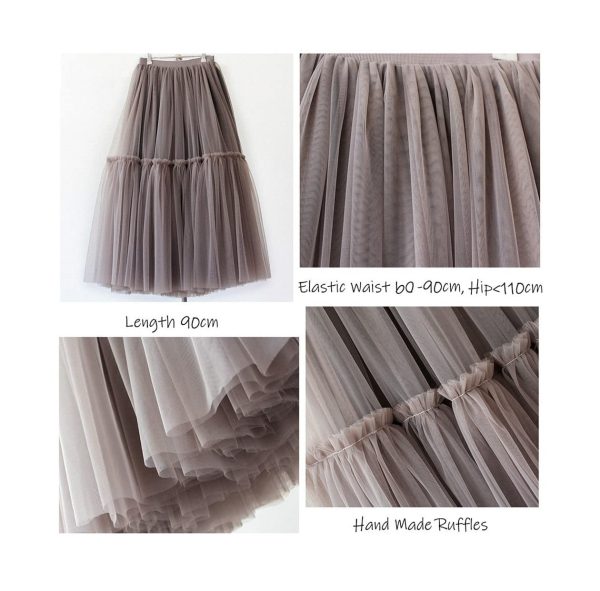 Womens Luxury Pleated Tulle Skirt, Black Grey Soft Mesh High Waist Maxi Long Skirts