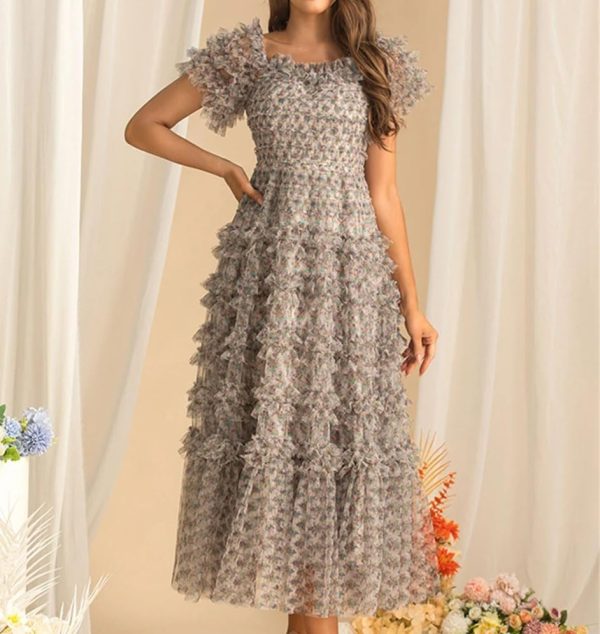 Summer Casual Party Vacation Dresses Women Bohemian Short Sleeved Maxi Dress Elegant Square Neck Holiday Flowing Long Skirt