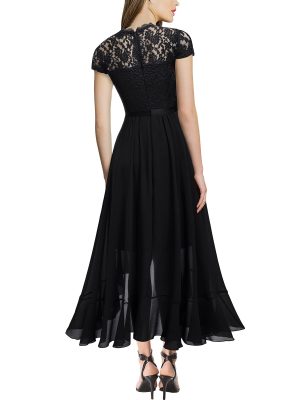 Women's Retro Lace Contrast Chiffon Ruffle Evening Maxi Dress