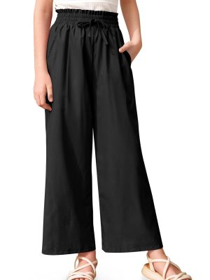 Tween Kids Summer with Pockets Wide Leg Drawstring Trouser Loose Fit Solid Bohemian Palazzo Pants Black 11-12 Years