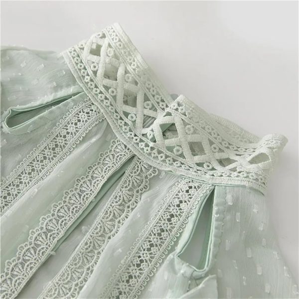 Women's Bohemian Chiffon Long Dress Stand Collar Belt Hollow Lace Ruffle Patchwork Maxi Dresses