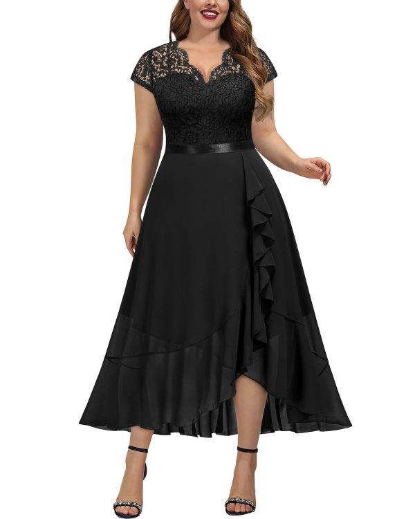 Women's Plus Size V Neck Elegant Floral Lace Ruffle Bridesmaid Maxi Dress