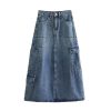 Women Wearing Streetwear High Waist Pocket Design Long Denim Skirt