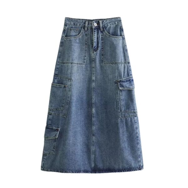 Women Wearing Streetwear High Waist Pocket Design Long Denim Skirt
