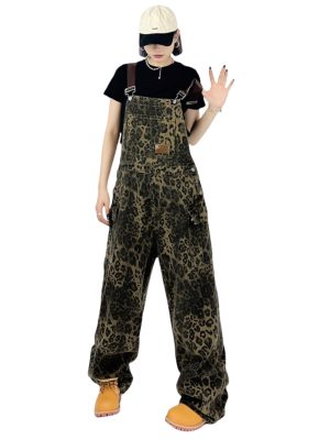 Women's Y2K Leopard Print Jeans Overall Chic Streetwear Baggy Wide Leg Jumpsuit Retro Hip Hop Loose trouser