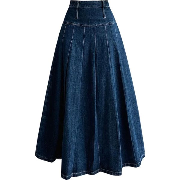 Women Pleated Jeans Skirts Vintage High Waist Long Washing Straight Loose Denim Midi Skirts
