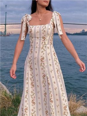 Boho Midi Dress Women Summer Floral Vintage Sleeveless Sundress Lace Up Strapy Slip Dress Beach Party Casual Vestidos