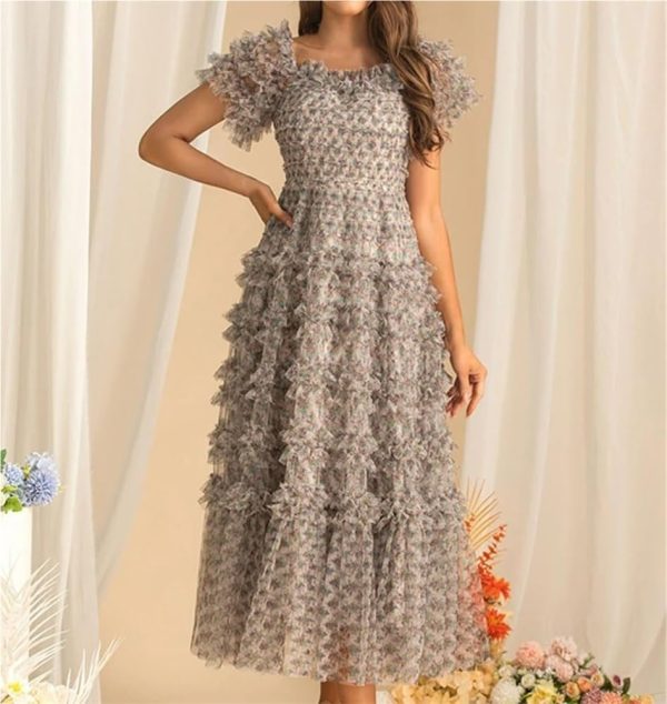 Women's Bohemian Summer Holiday Dress Short Sleeve Square Neck Large Swing Party Maxi Dresses