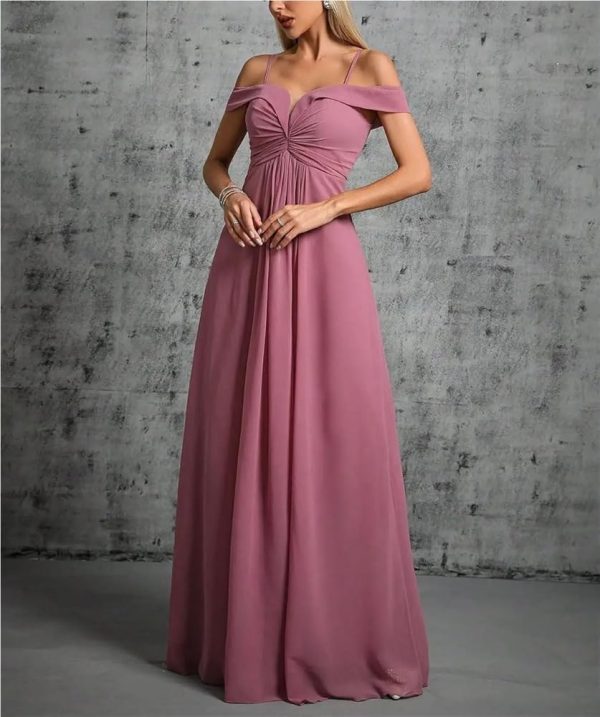 Women's One-Shoulder V-Neck Evening Dress Pleated Chiffon Long Ball Gown Party Formal Wear