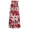 Women Wide Leg Pants Floral Printed High Elastic Waist Belted Summer Casual Long Trousers with Pockets Red