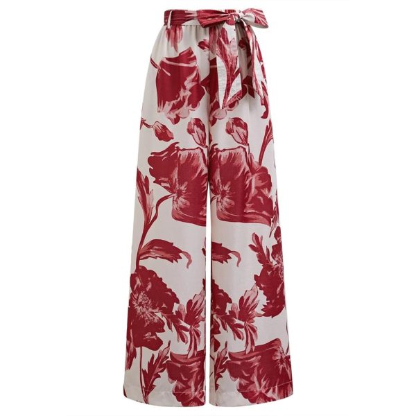 Women Wide Leg Pants Floral Printed High Elastic Waist Belted Summer Casual Long Trousers with Pockets Red