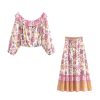 Women's Floral Resort Set - Slash Neck Ruffle Blouse & High Waist Maxi Skirt in Soft Pink
