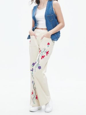 Womens Embroidered Corduroy Pants Casual Winter Straight Leg Elastic Waist Vintage Trousers with Pockets
