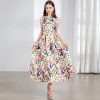 Women Runway Patchwork Jacquard Midi Long Sleeveless Office Work Wear Dress
