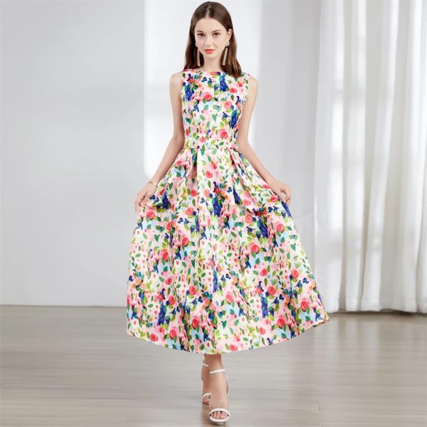 Women Runway Patchwork Jacquard Midi Long Sleeveless Office Work Wear Dress