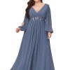 Women's Floor Length V Neck Lantern Sleeves Floral Applique Plus Size Formal Dresses for Curvy Women
