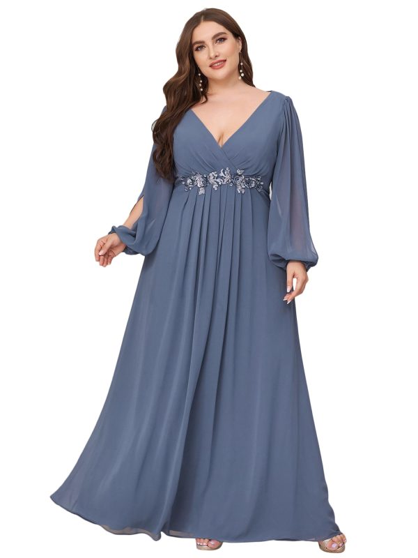 Women's Floor Length V Neck Lantern Sleeves Floral Applique Plus Size Formal Dresses for Curvy Women
