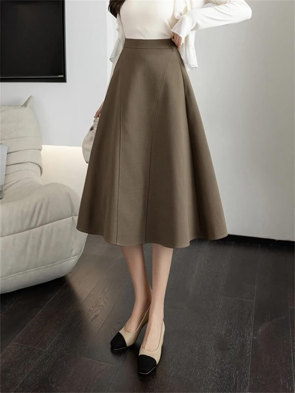 Women Knee Length Grace Loose High Waist Office Work OL Midi A-Line Skirt