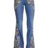 Womens Floral Embroidered Bell Bottom Jeans Stretchy Denim Flared Pants Mid Rise Vintage Bootcut Casual Trousers