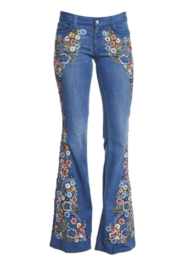 Womens Floral Embroidered Bell Bottom Jeans Stretchy Denim Flared Pants Mid Rise Vintage Bootcut Casual Trousers