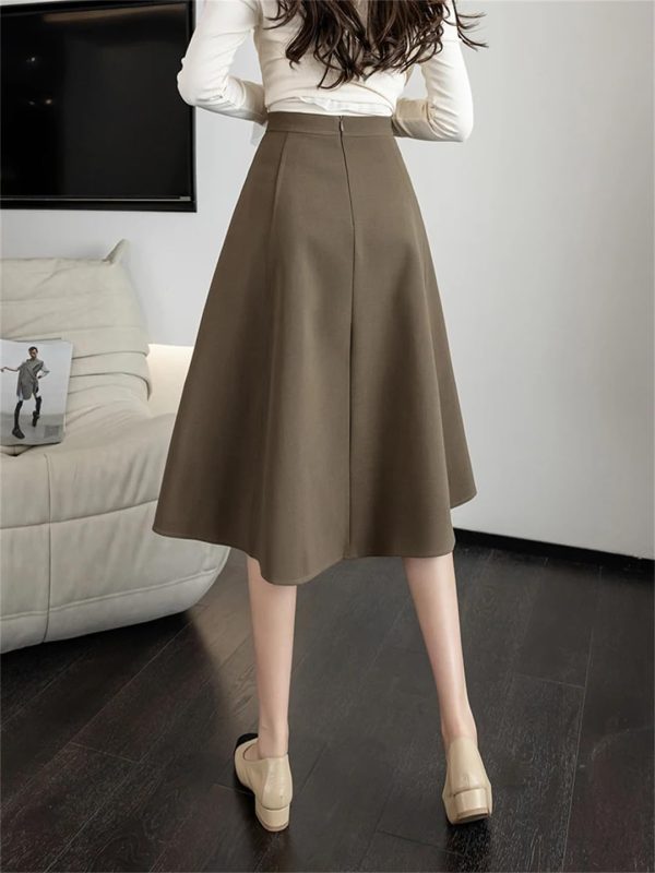 Women Knee Length Grace Loose High Waist Office Work OL Midi A-Line Skirt