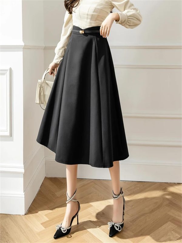 Women's High Waist A-Line Skirt with Belt Office Work OL Big Swing Midi Skirts