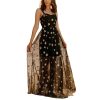 Women V-Neck Five Pointed Star Mesh Hanging Strap Perspective Temperament Long Dresses