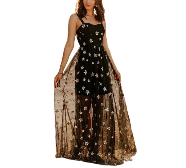 Women V-Neck Five Pointed Star Mesh Hanging Strap Perspective Temperament Long Dresses