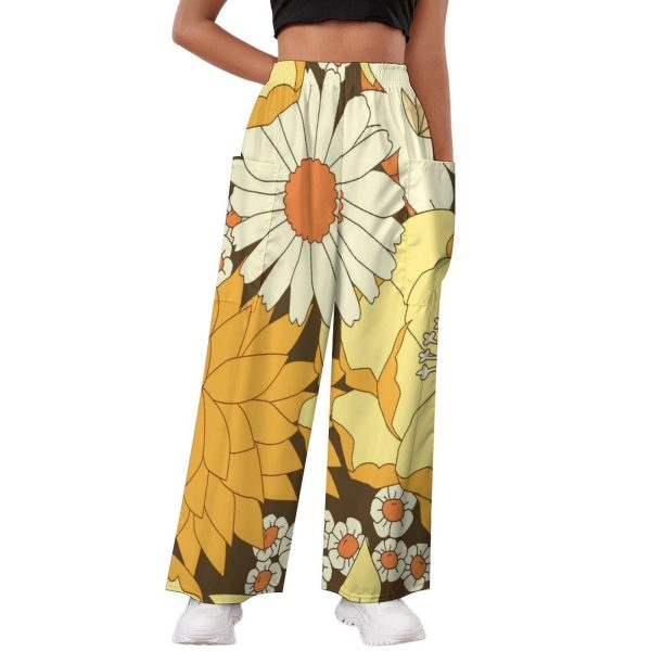 Yellow And Brown Vintage Floral Pattern Women's Casual Pants Yoga Loose Wide Legs Trousers with Pockets High Waist