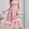 Bohemian Short Sleeve Round Neck Women’s Long Skirt Floral Print Ruffle Net Yarn Dress Casual Summer Elegant Party Dresses
