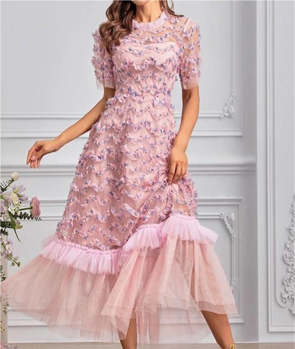 Bohemian Short Sleeve Round Neck Women’s Long Skirt Floral Print Ruffle Net Yarn Dress Casual Summer Elegant Party Dresses