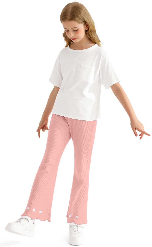 Girl's Fall Knitted Ribbed Bell Bottoms Pants Ruffle Flare Pants Floral Embroidery Trousers for Children's