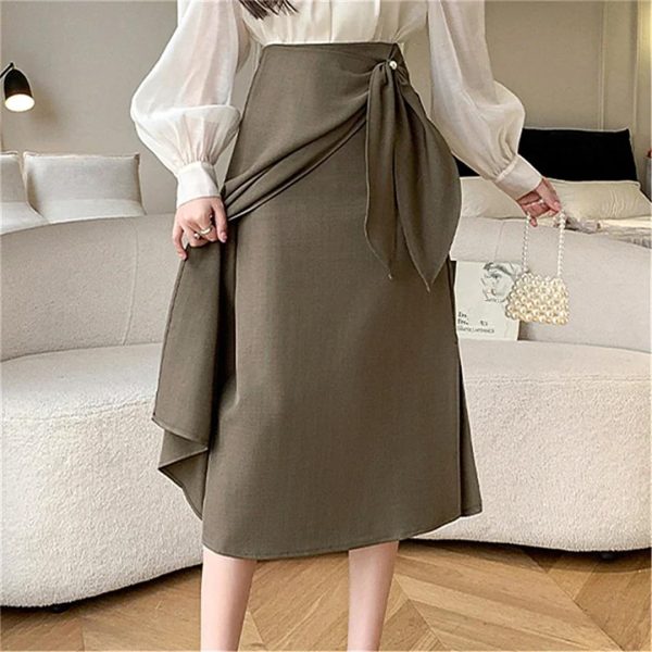 Women's Mid Length Skirts Vintage High Waist Buttons Decoration A-Line Long Skirts