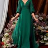 Women’S Dress Ruched Plunging V Neck Bridesmaid Short Sleeve Slim Chiffon A Line Dresses for Evening Party